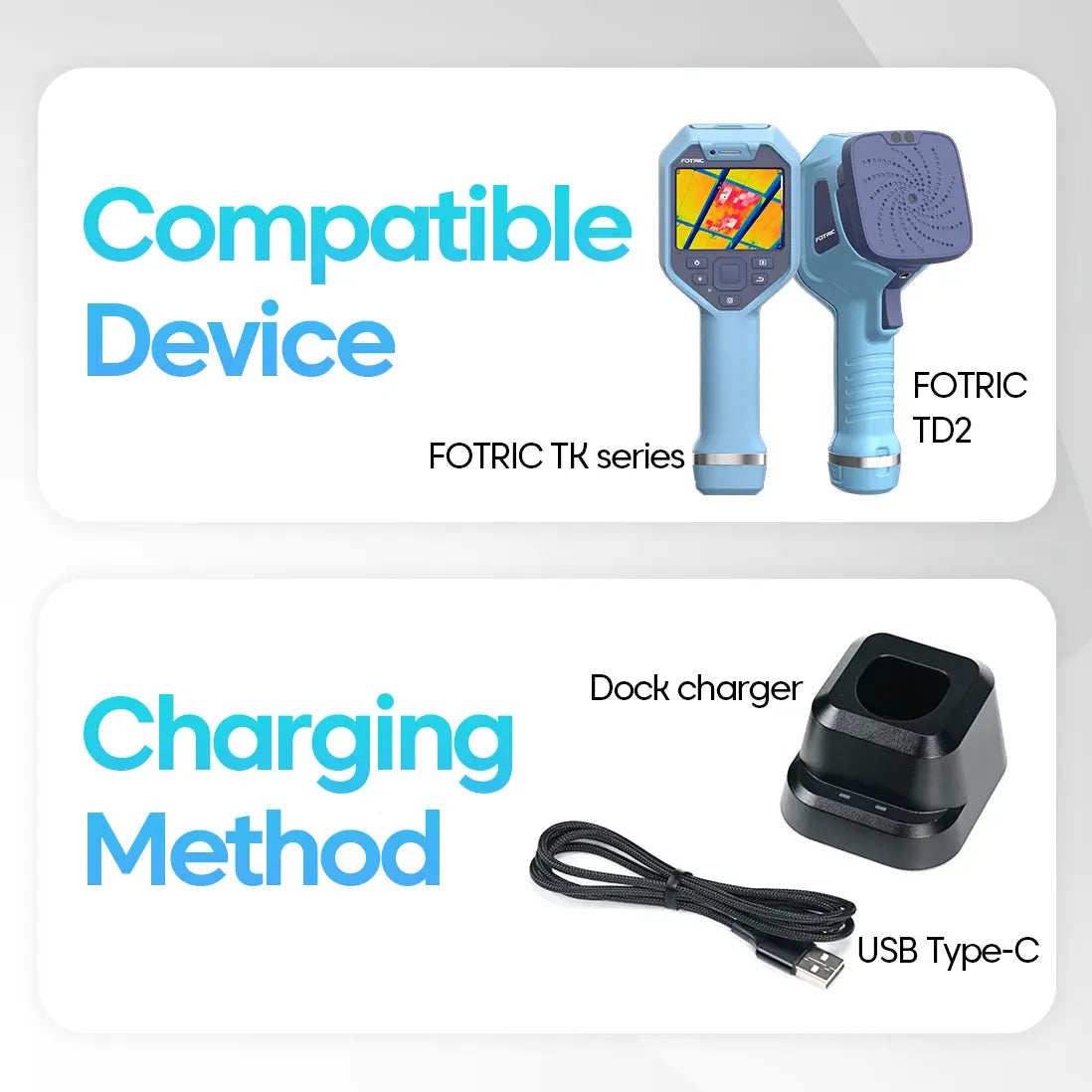 FOTRIC TK-sarjan laite ja dokkauslaturi USB Type-C -kaapelilla valkoisella taustalla