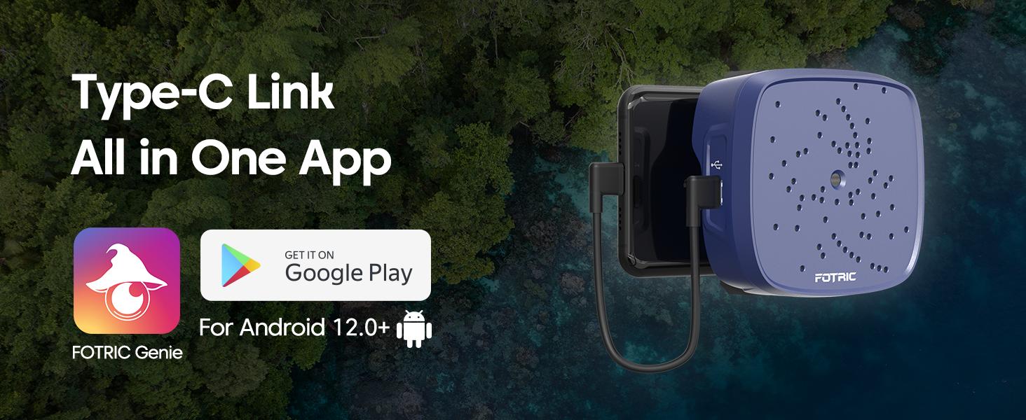 FOTRIC Genie laite Type-C-linkkiominaisuudella ja sovellus saatavilla Google Playssa.